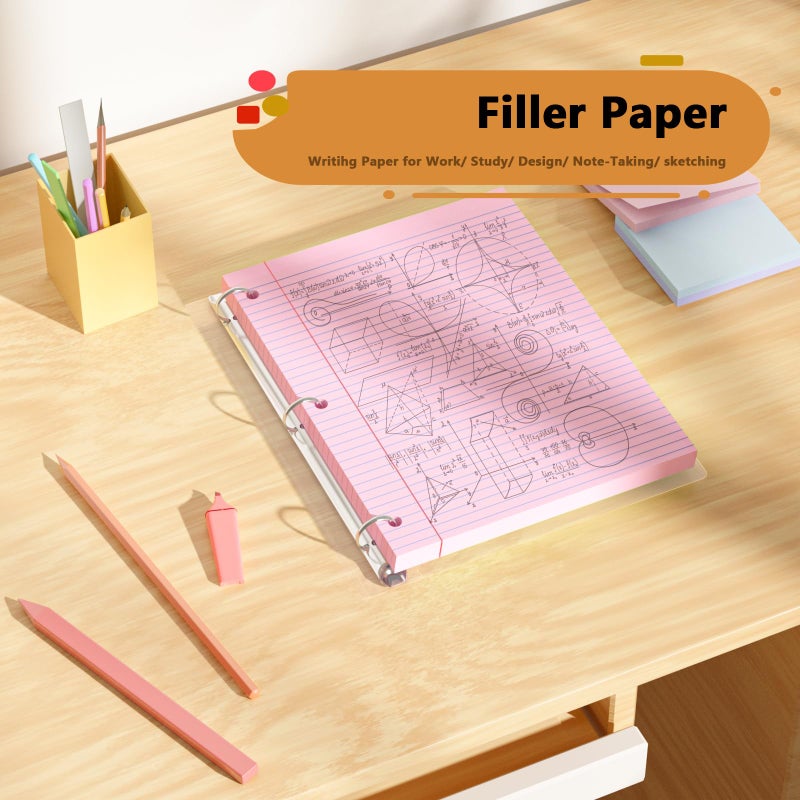 AILZFEI Pink Loose Leaf Paper 100 Sheets Colored Filler Paper 8 * 10.5 College Ruled 3-Hole Punched Paper for 3-Ring Binders Notebook Lined 8"" x 10.5"" - Image 3